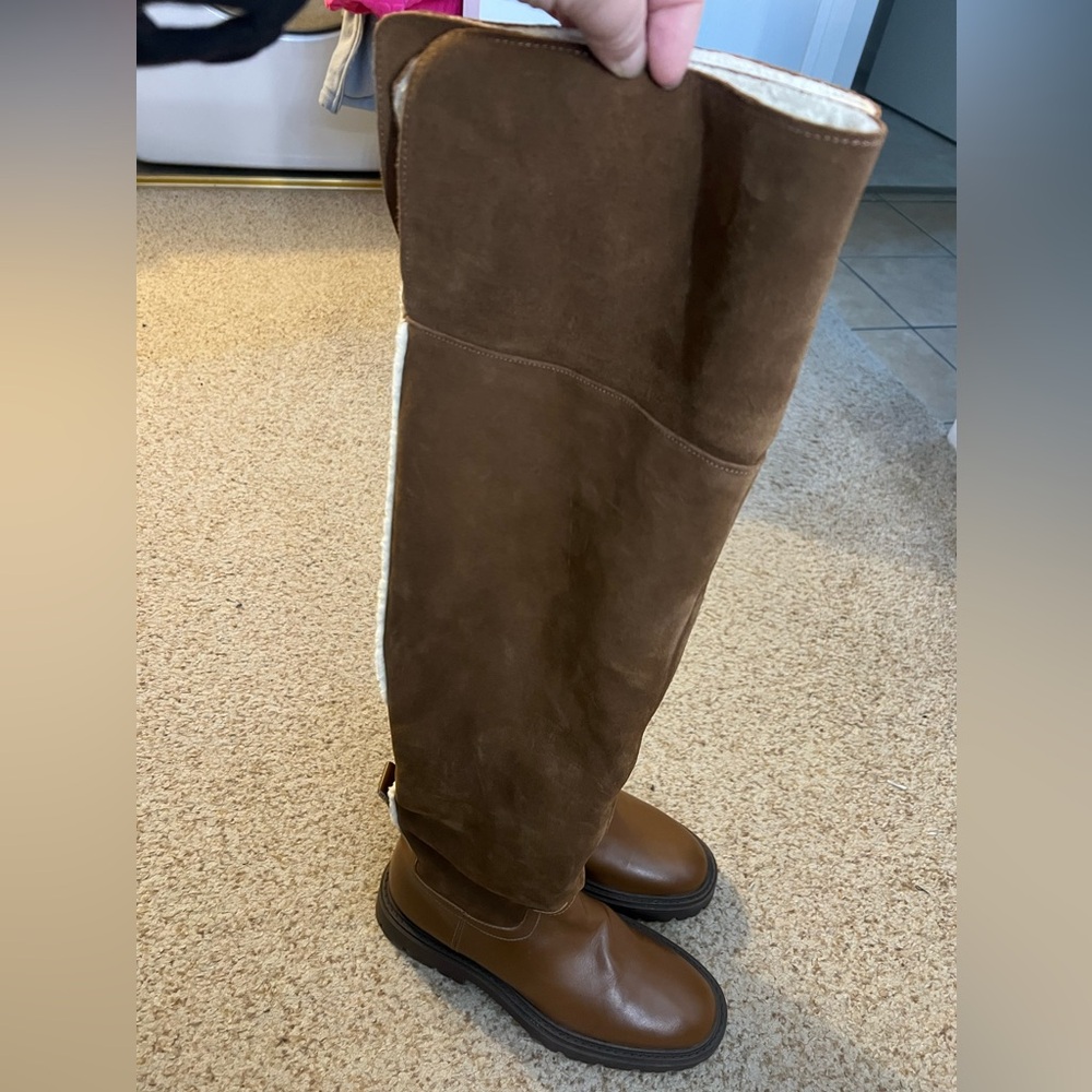 ZARA Over The Knee Leather Boots with Fleece Sherpa Trim- Size EU 39 US 8 - Picture 1 of 9